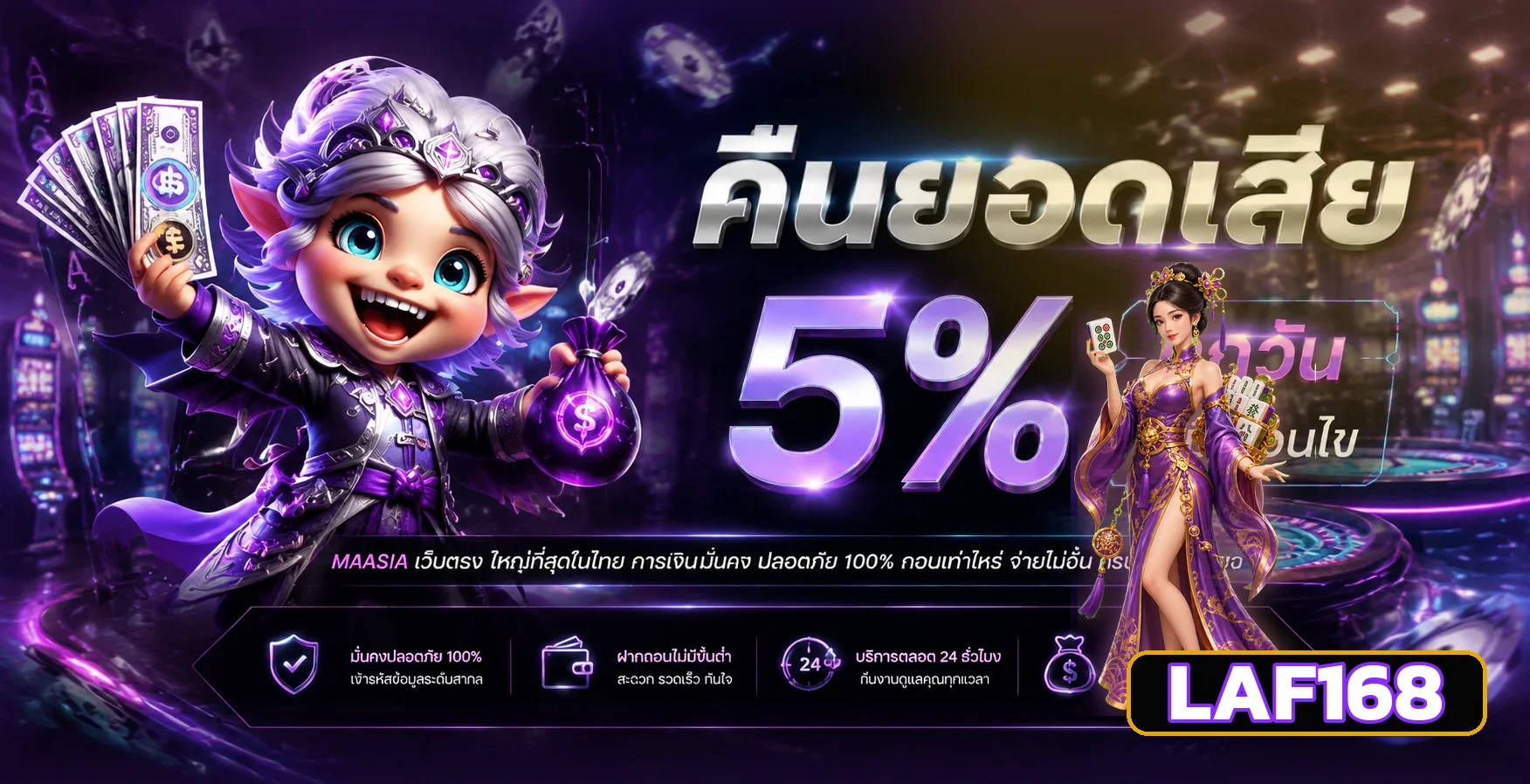 สล็อตออนไลน์ LAF168 คืนยอดเสียและเกมค่ายยอดนิยมโทนม่วงทอง
